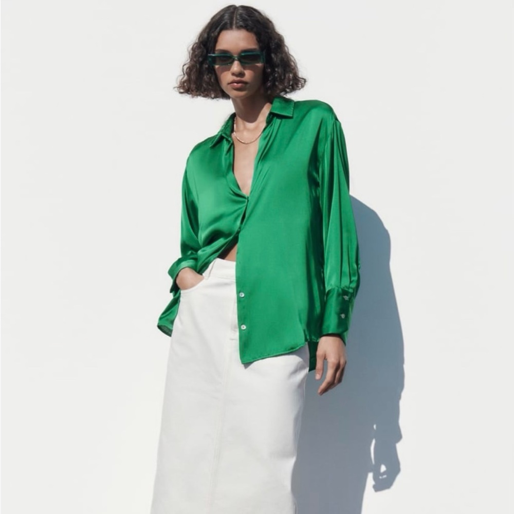 NWOT Zara Satin Effect Green Shirt